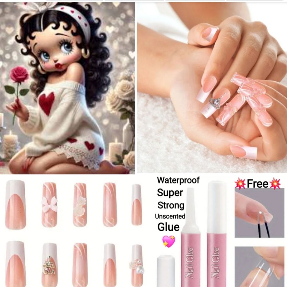 24pcs Manicure Nails Long Square Charm Bow, Heart, Flower Designs French Nails